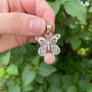 Real Sterling Silver Butterfly Pendant with Pink Stone